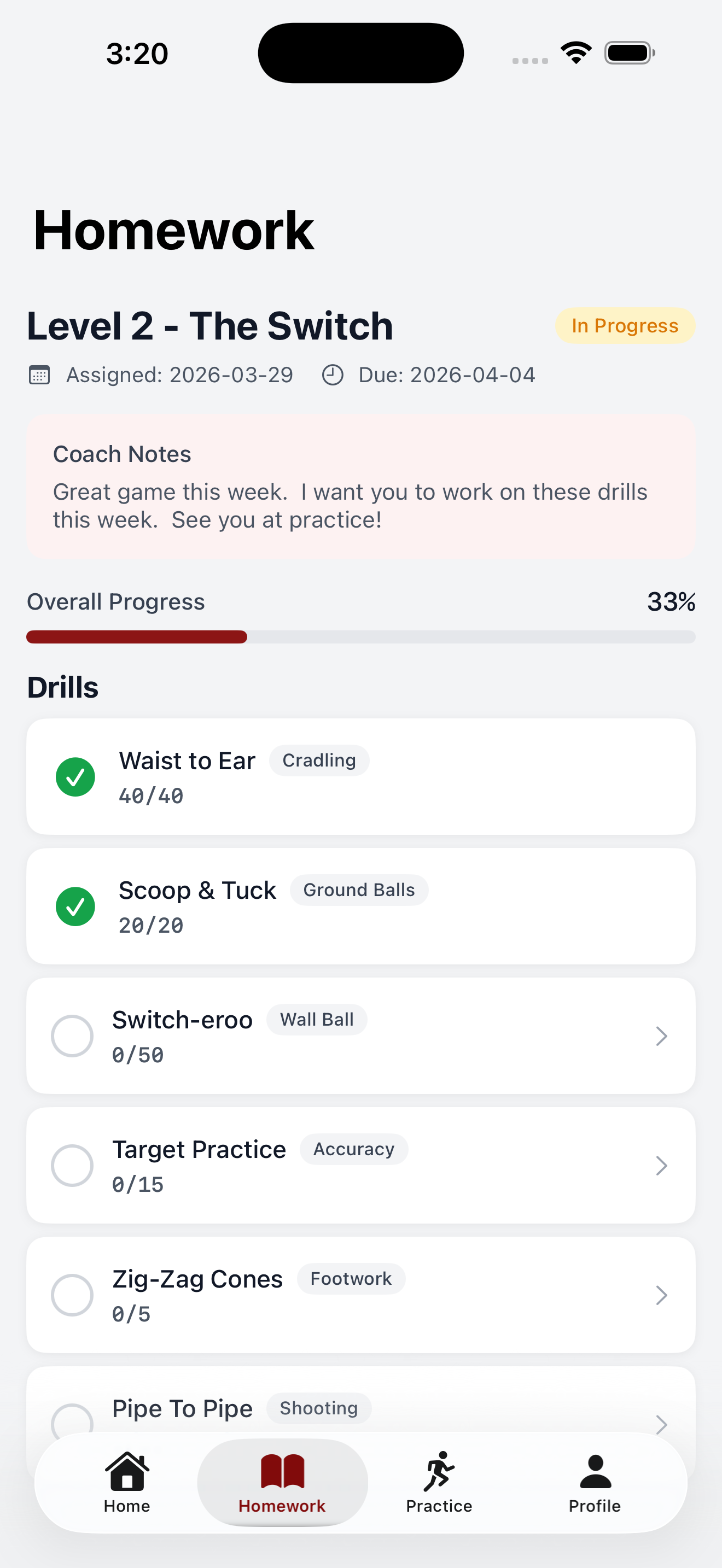 Homework tracking screen