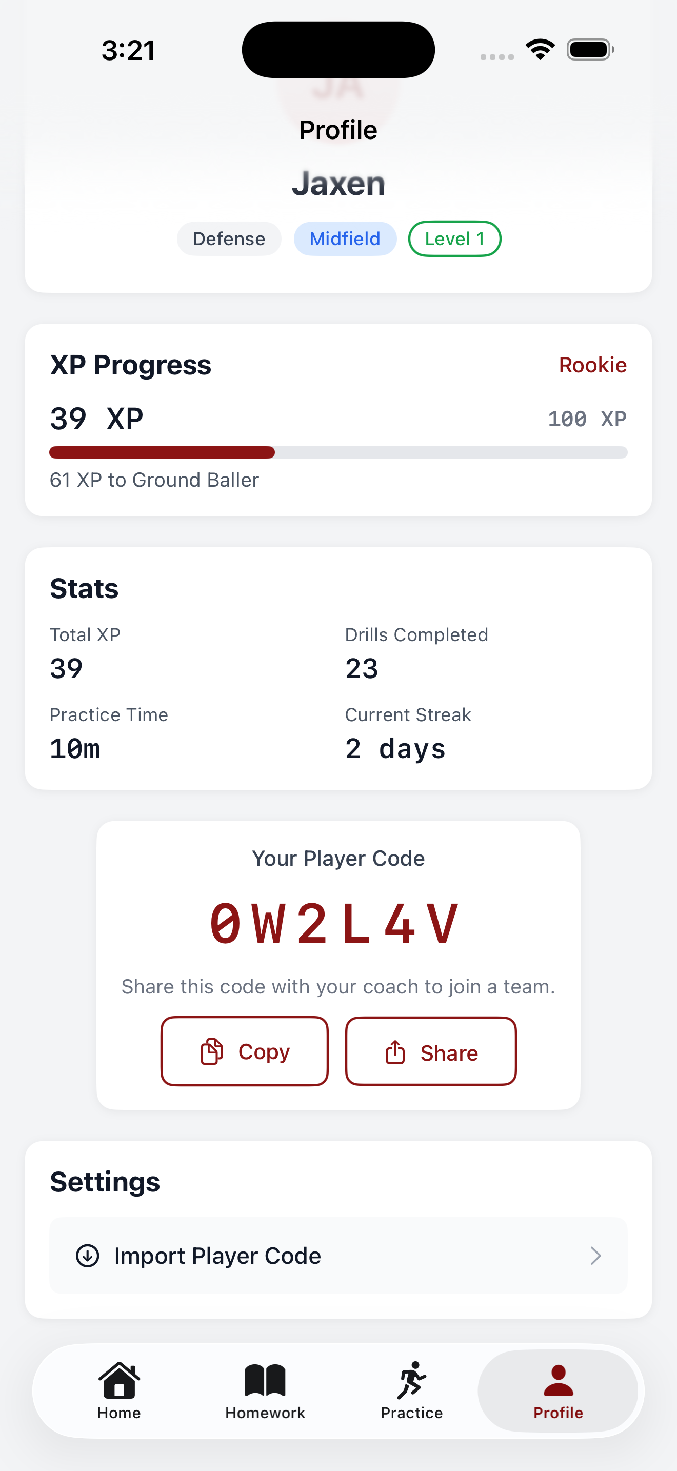 Player profile and stats